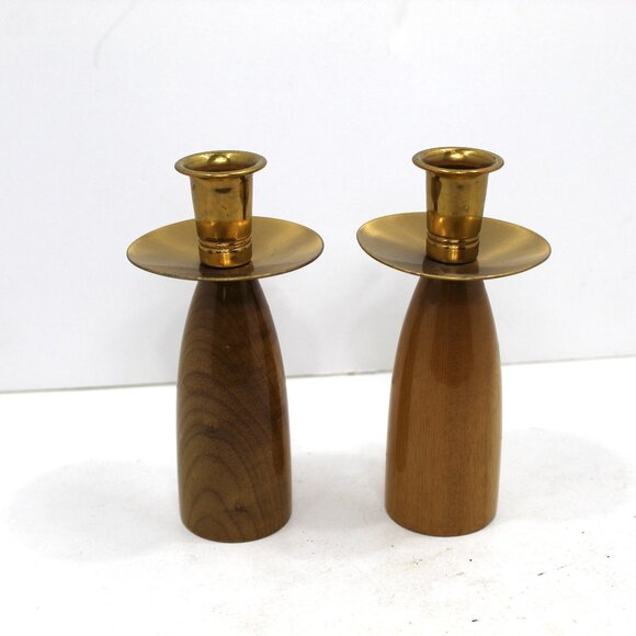 Vintage Stateline Oregon Myrtle Wood with Brass top Candle Holders Pair of 2 MCM - Picture 1 of 6